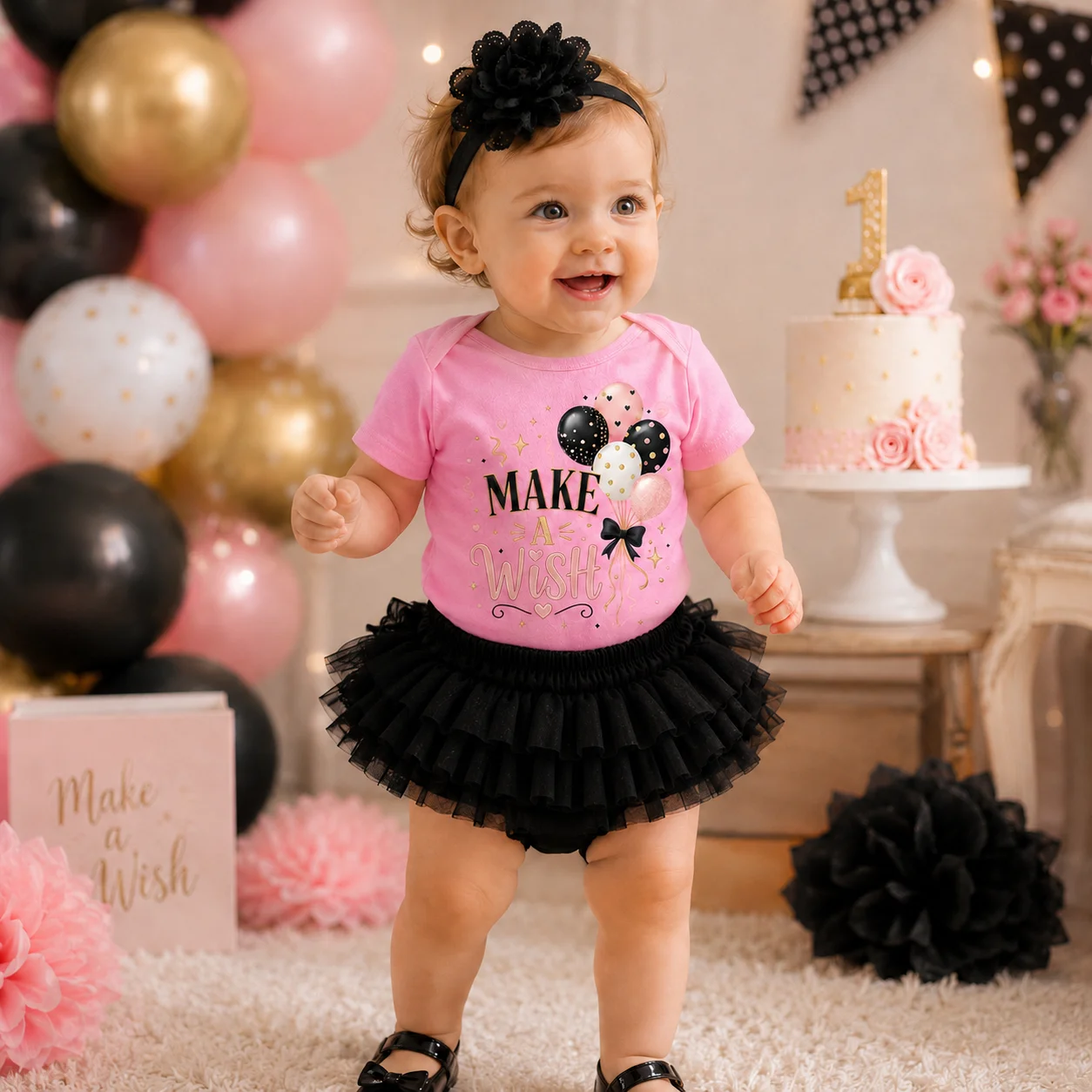 Tenue 3 pièces pour le 1er anniversaire de bébé fille : Barboteuse à manches courtes imprimée 'Make A Wish', Jupe tutu noire et Bandeau fleuri, pour 1 an, Cake Sm