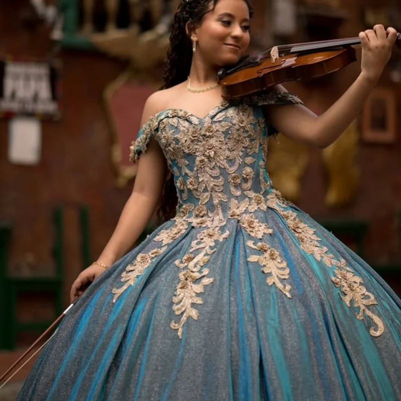 

Customized lake blue Quinceanera Dresses Off the Shoulder applique 3D flower Lace Long tail Vestido 15 Quinceanera