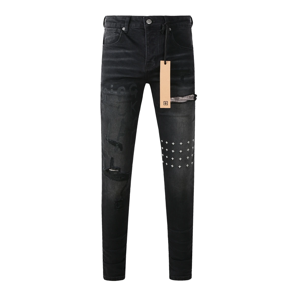 KSUBI Cross Jeans American High Street Paint Hole Trend Low Rise Skinny Denim Pants Pleated Ripped Letter Jeans