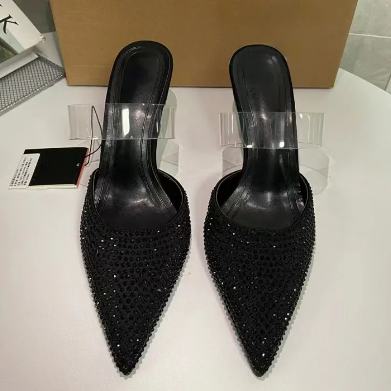 Designer Luxury High Heels Sandals Woman Elegant Shiny Diamond Black Fashion Mules Slingback PVC 2024 Summer Shoes for Ladies