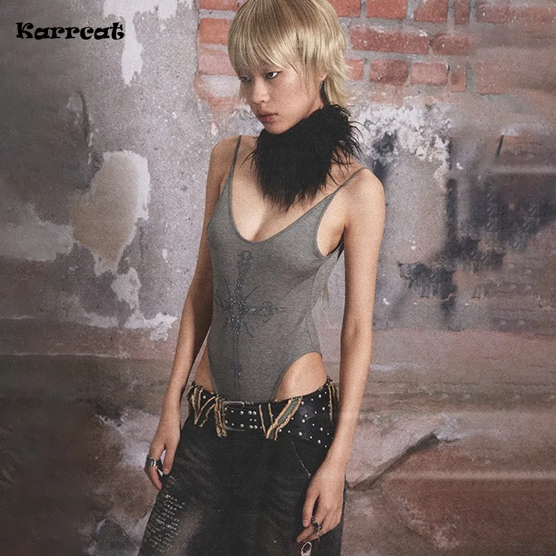 

Karrcat Grunge Aesthetics Bodysuit Trashy Y2k Jumpsuit Vintage Distressed One Pieces Shapewear Wasteland Punk Backless Tank Top