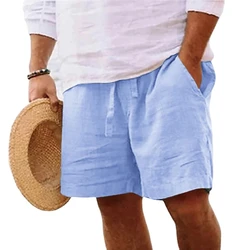 Men's New Lightweight Jogging Fitness Pants Pure Cotton Shorts Linen Solid Color Breathable Drawstring Shorts