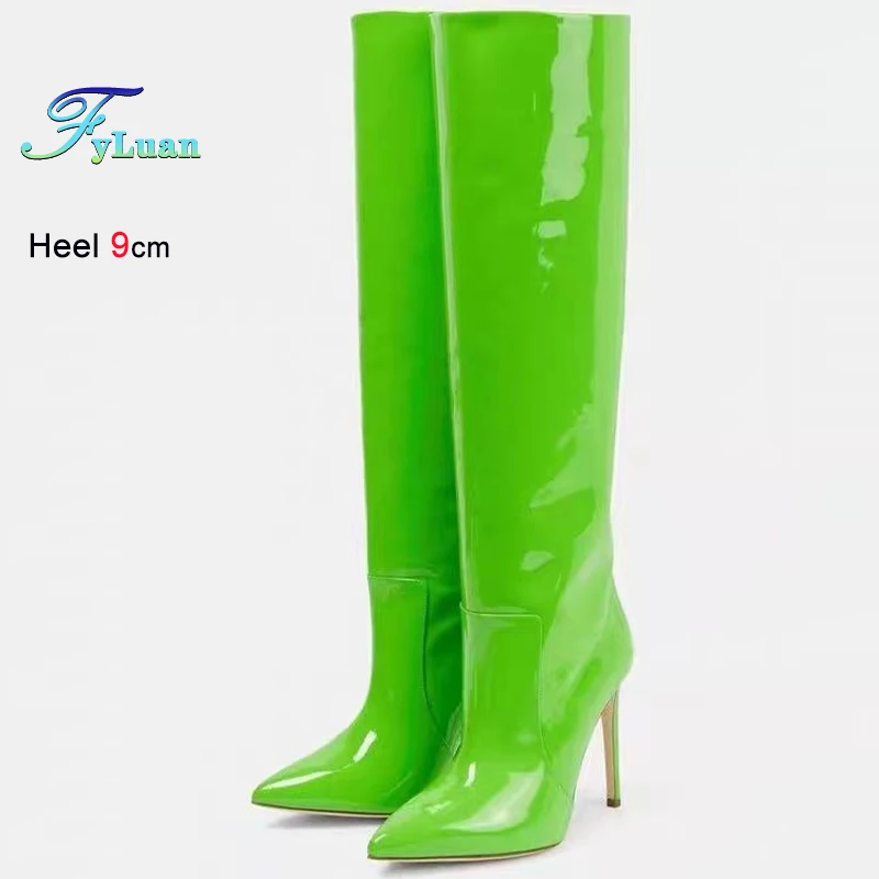 

Новые осенне-зимние зеленые женские сапоги до колена из лакированной кожи с острым носком, женские длинные сапоги на тонком высоком каблуке, вечерние туфли без шнуровки