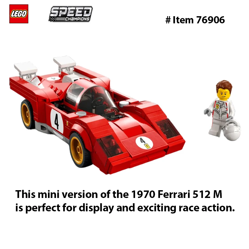 레고 76906 스피드 챔피언 1970 페라리 512M 조립 세트, 경주용 자동차 드라이버 미니피규어가 포함된 모델 조립 키트 291개