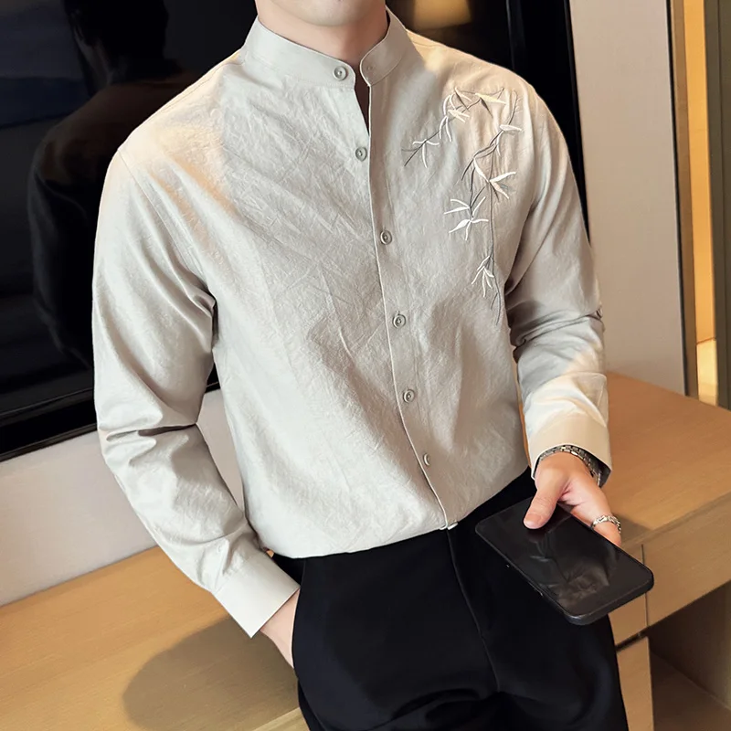 Chinese Style Standing Collar Embroidered Shirt Men\'s Linen Cotton Long Sleeved Shirt Slim Fit Casual Business Dress Shirts 2024