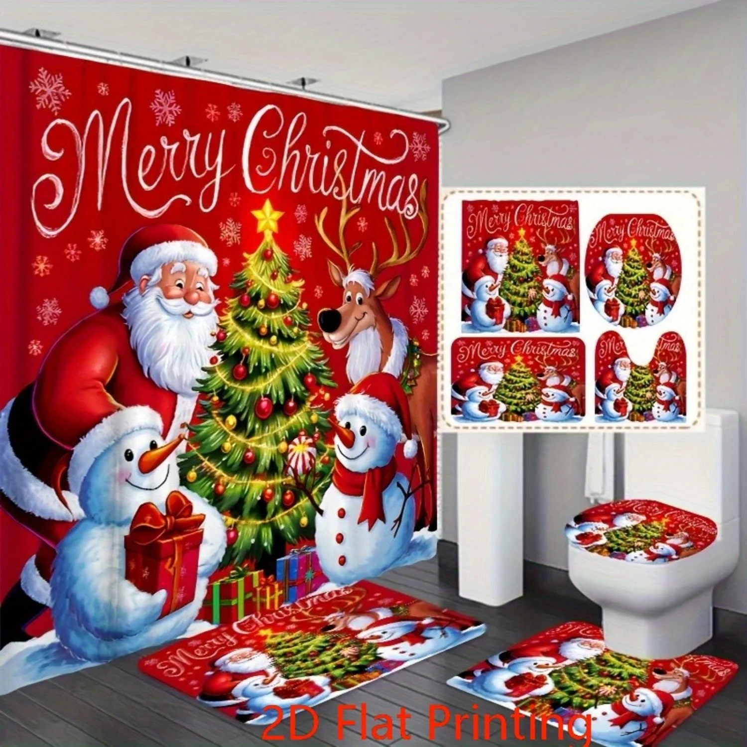 

4pcs 2D Christmas Bathroom Set, Santa Reindeer Snowman Design Shower Curtain with 12 Hooks,Non-Slip Mat and U-Shape Toilet Cover