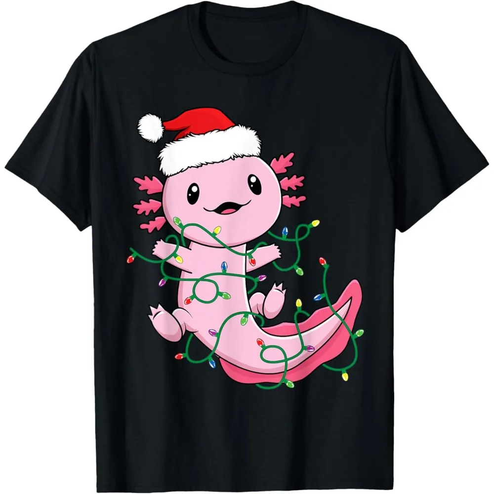 Funny Axolotl Men Unisex Christmas Xmas Lights T-Shirt Trending Street Fashion O-neck Printed T-shirt Tops Aesthetic Clothes