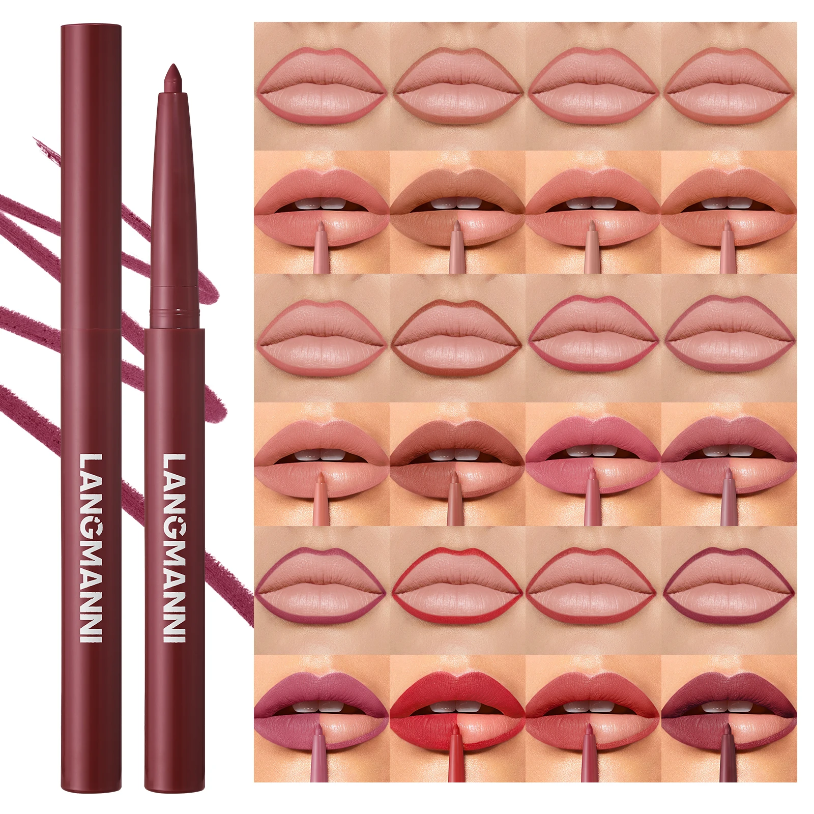 LANGMANNI Lápiz labial de terciopelo mate de 6 piezas para un modelado preciso de labios, resistente al agua, al sudor, que no mancha y colores vivos.