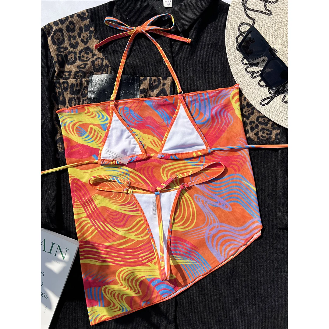 Neuer bedruckter Mini-Micro-String-Bikini mit Sarong, Damen-Badeanzug, dreiteiliges Bikini-Set, Badebekleidung, Badeanzug V4608 – Detail 15
