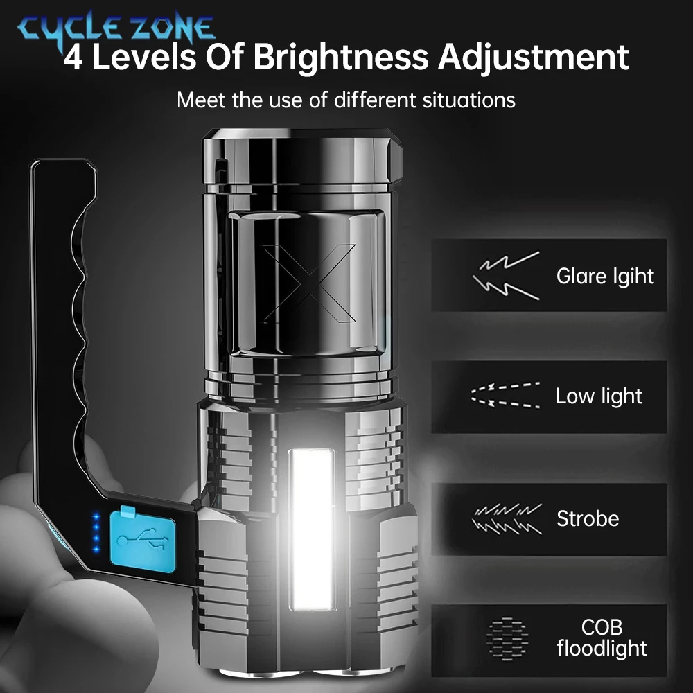 Lampe de poche puissante, Rechargeable par USB, Portable, LED, lanterne portative, projecteur, Camping en plein air, travail nocturne, lumière d'urgence