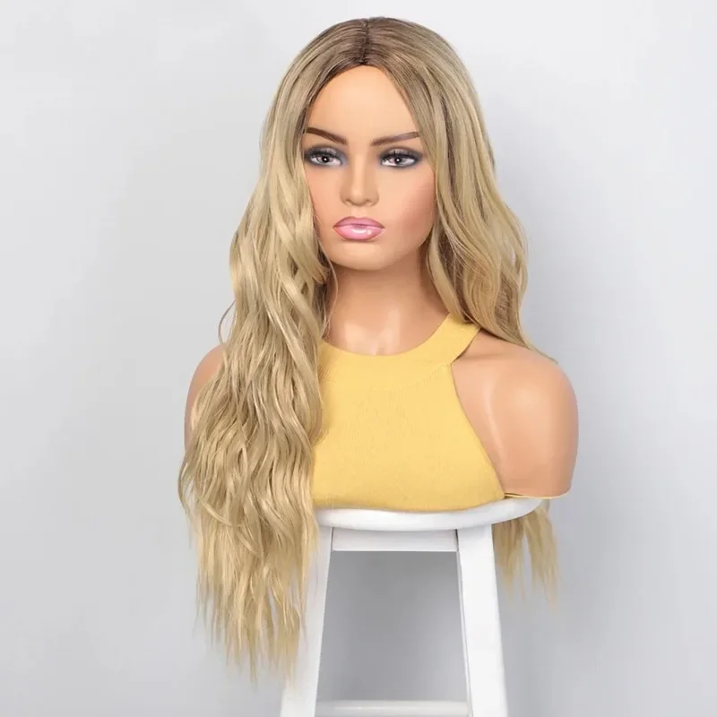 امرأة التدرج موجات لفة الشعر الطويل القبعات موضة أغطية الرأس حفلة شعر مستعار ذهبي غطاء الحفل فستان شعر مستعار طويل مجعد الشعر