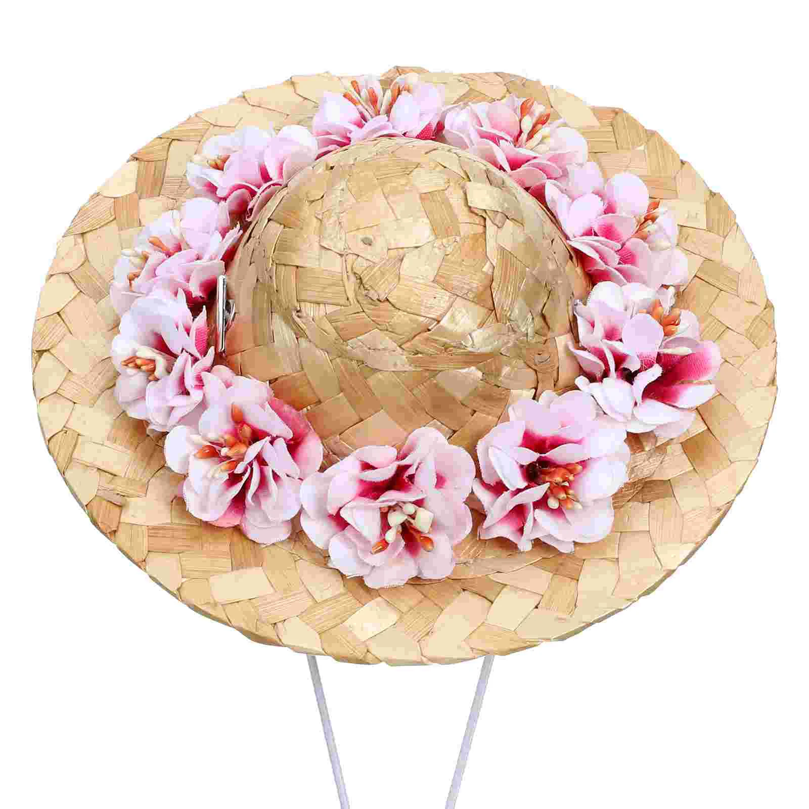 Pet Flower Straw Hat Dog Spring Summer Woven Straw Hat Costume Accessory Size M (Pink Flower, Random Style of the Drawstr