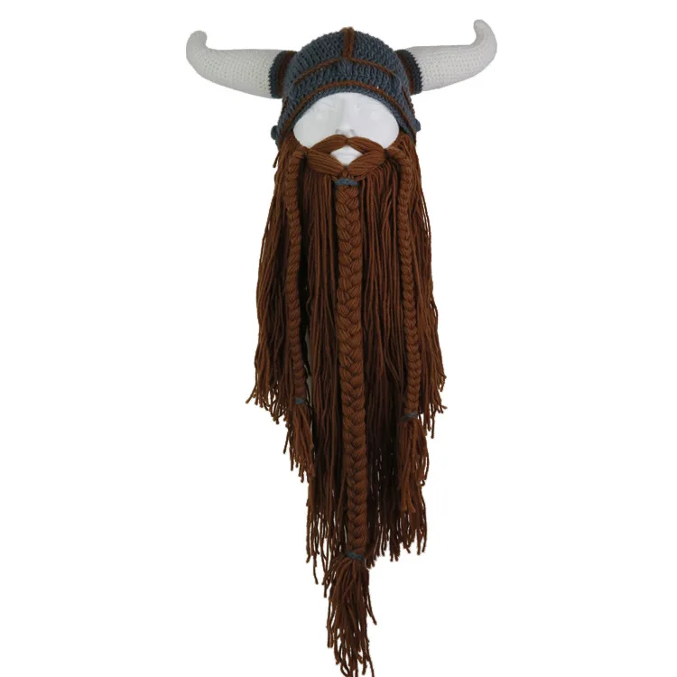 Adult Beard Viking Knit Hat Barbarian Bull Horn Crochet Beanie Handmade Wig Facemask Beanie for Men Warm Funny Ski Cap