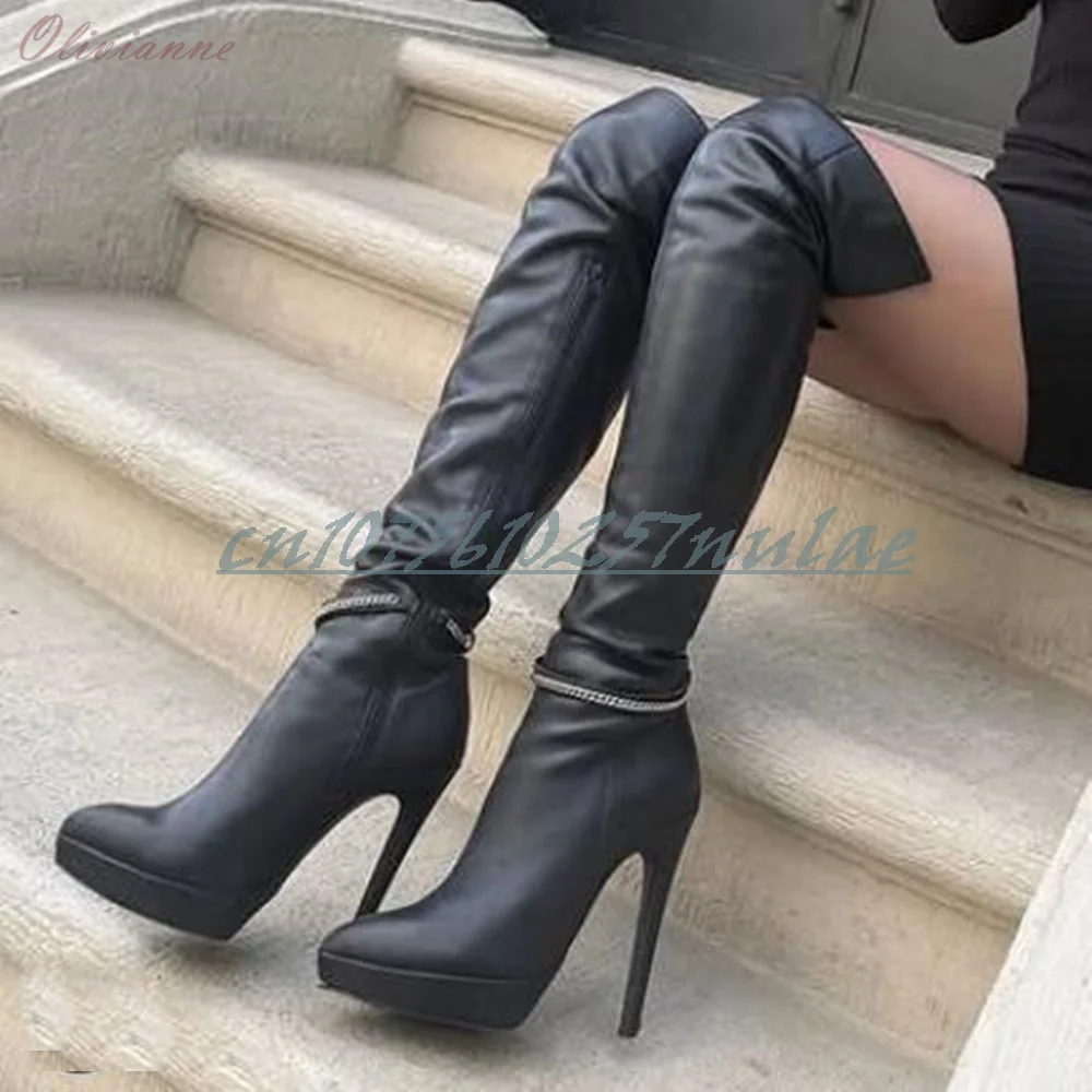 

Black Metal Chain Decor Low Platform Knee High Boots Stiletto High Heel Matte Fashion Sexy Women Shoes 2025 Zapatos Para Mujere