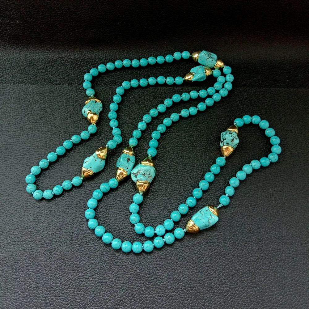 Y·YING 52'' Blue Turquoise Yellow Gold Plated Freeform Turquoise Long Necklace