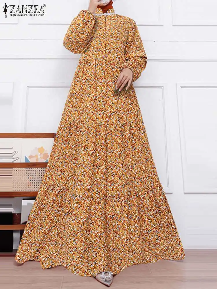 ZANZEA-Vestido largo de manga larga con estampado Floral para mujer, Hijab islámico atado a la cintura, elegante, a la moda musulmana, Abaya