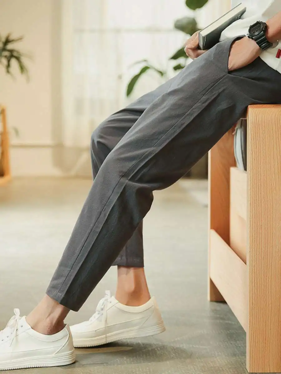 

Летние повседневные свободные мужские льняные спортивные брюки прямого кроя, тонкие брюки-капри с высокой талией и завязками, классические