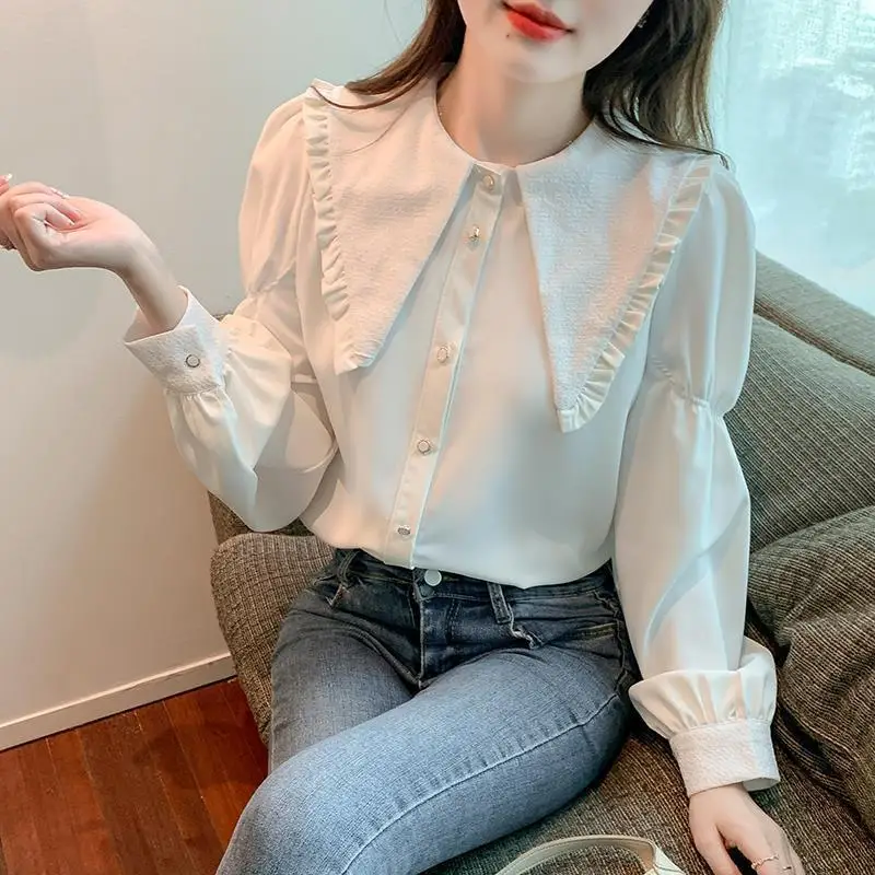 Ruffle Chiffon Peter Pan Collar Cute Elegant Shirt Tops Autumn Korean Style Fashion Puff Sleeve Loose Sweet Tops Casual Blouses