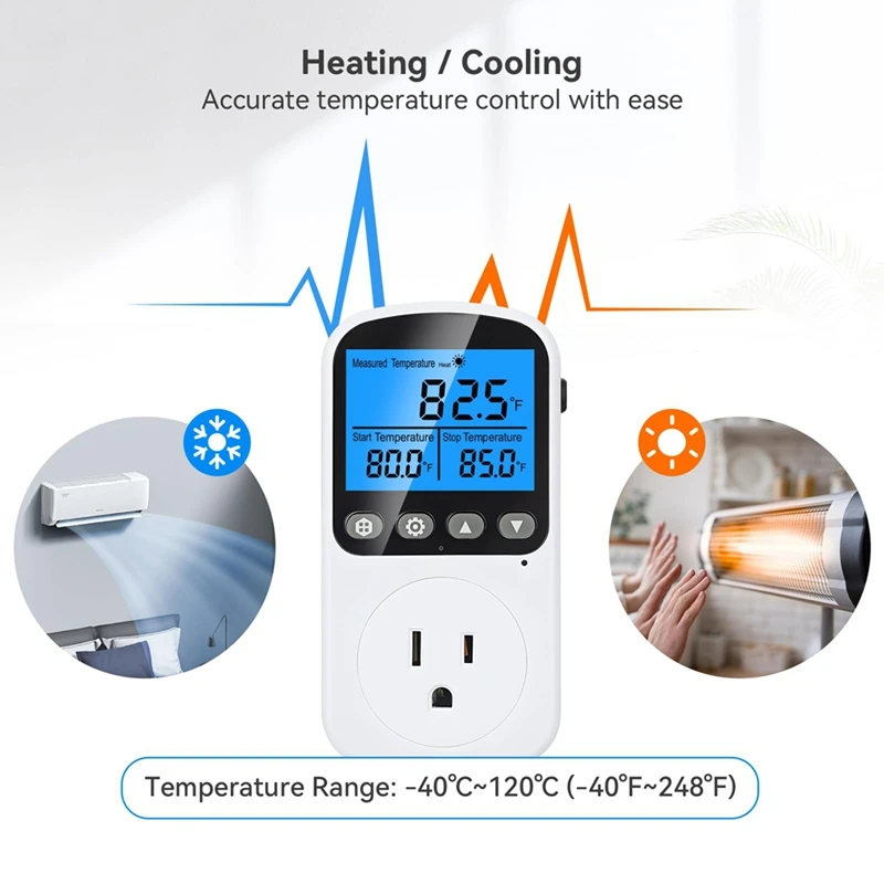 ABGR-Plug In Temperature Controller Outlet, Smart Heating Cooling Control With 4 Timing Modes,Backlit LCD,Calibration US Plug