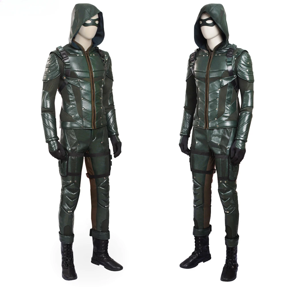 The Arrow Season 5 Green Arrow Cosplay Costume Oliver Queen Outfit Mens Leather Battle Suit with Quiver Halloween Costumes