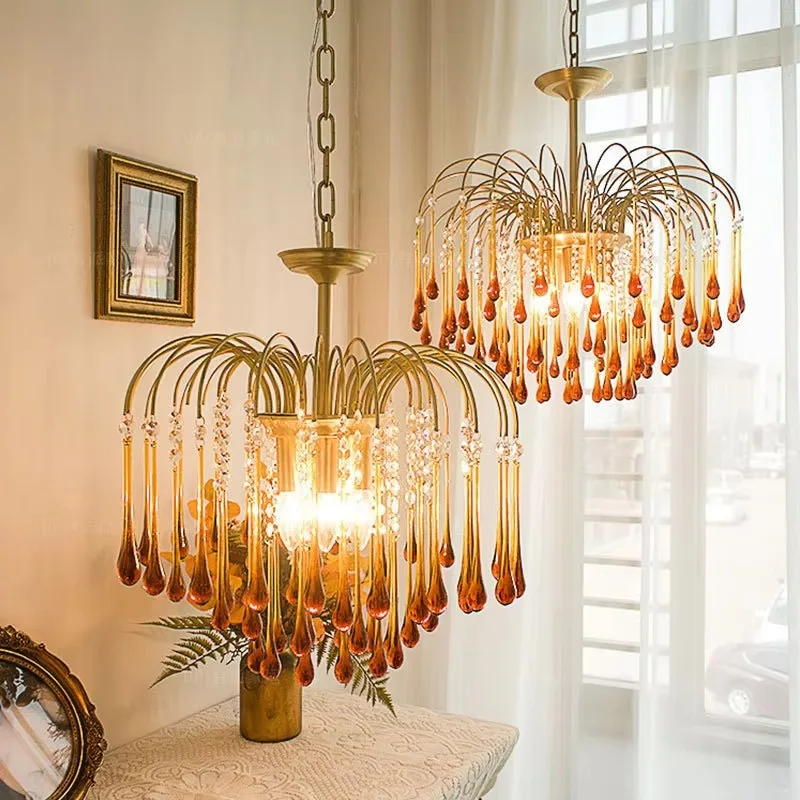 French Retro Crystal Lamps Creative Water Droplet Chandelier for Living Rooms Grand and Luxurious Room Dining Room Lighting
