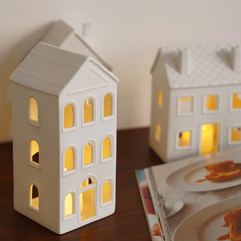 Nordic Simple Matte House-Shaped Ceramic Ornaments, Danish Architectural-Shaped Candlesticks, Home Holiday Decorations