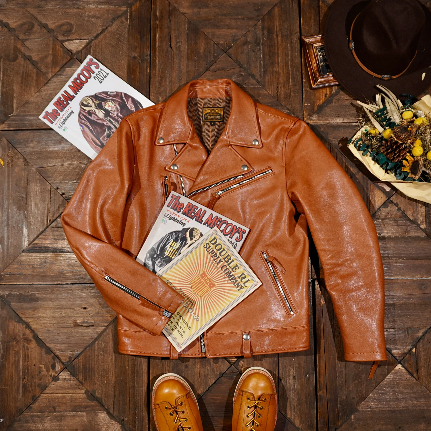 

Tailor Brando Uncoated Washed Goatskin Men's Short Double Ri*der Genuine Leather Jacket