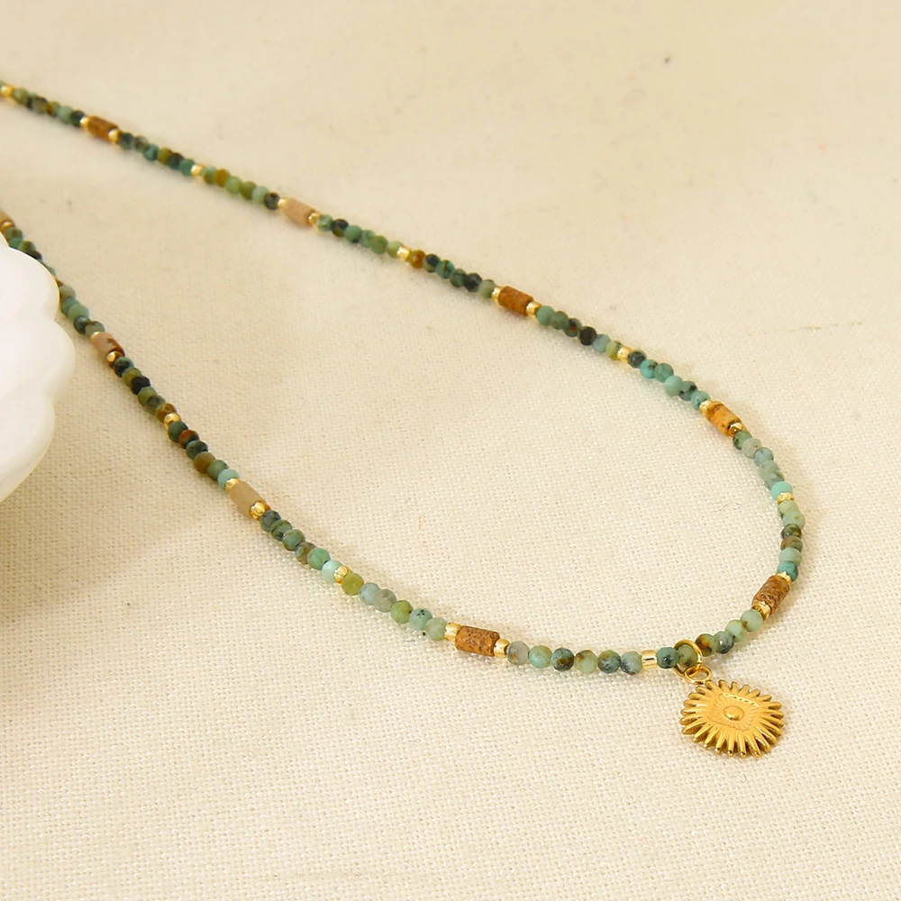 

Vintage Turquoise Beaded Choker Necklace Trendy Sun Pendant Stainless Steel Necklace Waterproof Jewelry for Women