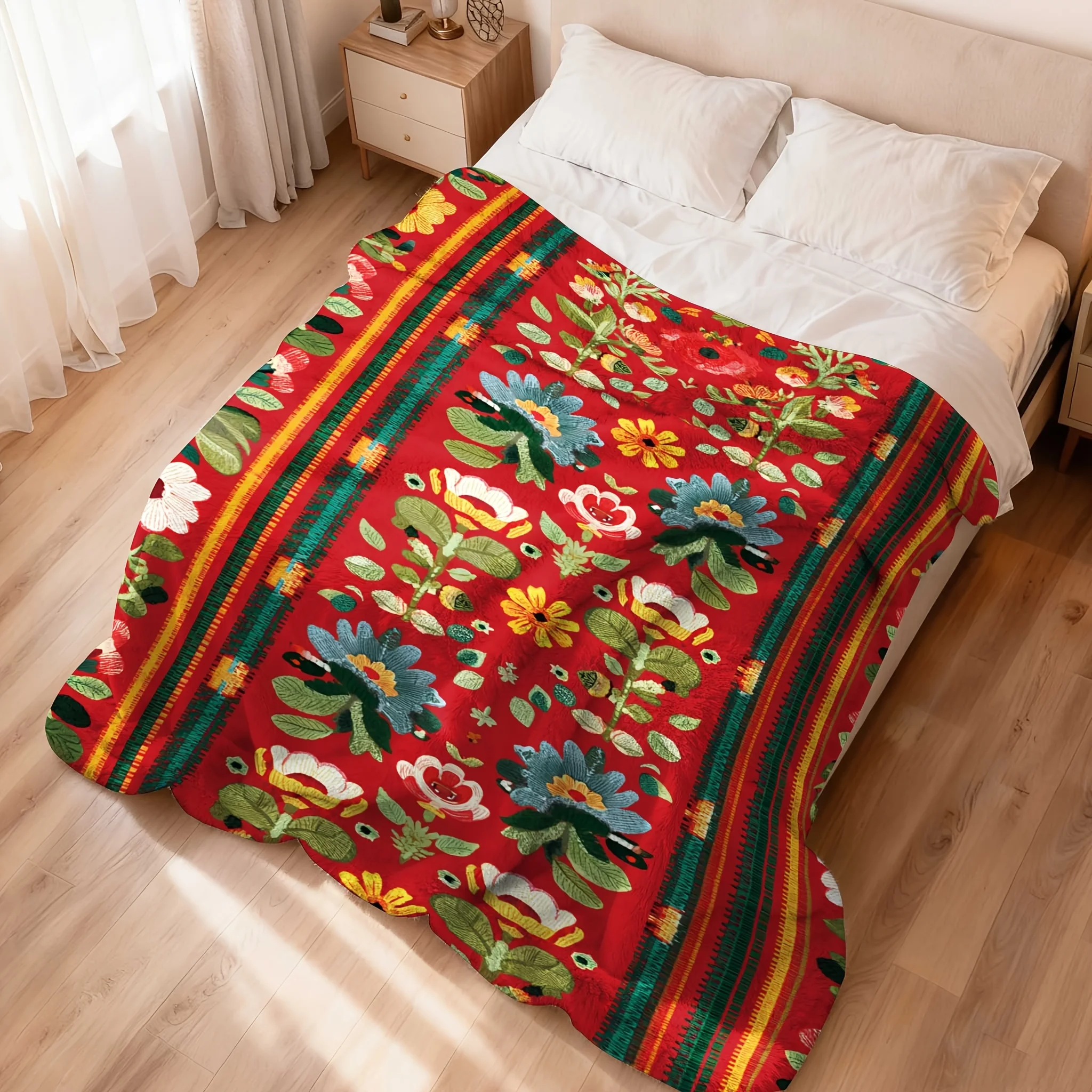1pc Flannel Blanket, Bohemian Mandala Floral Pattern in Red and Yellow, 2D Printed Throw, Camping Blanket for Birthday/Holiday G