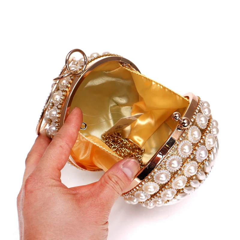 Beaded Diamonds Women Day Clutches Rhnestones Pearl Evening Bag Circular Shaped Chain Shoulder Handbags For Party Purse