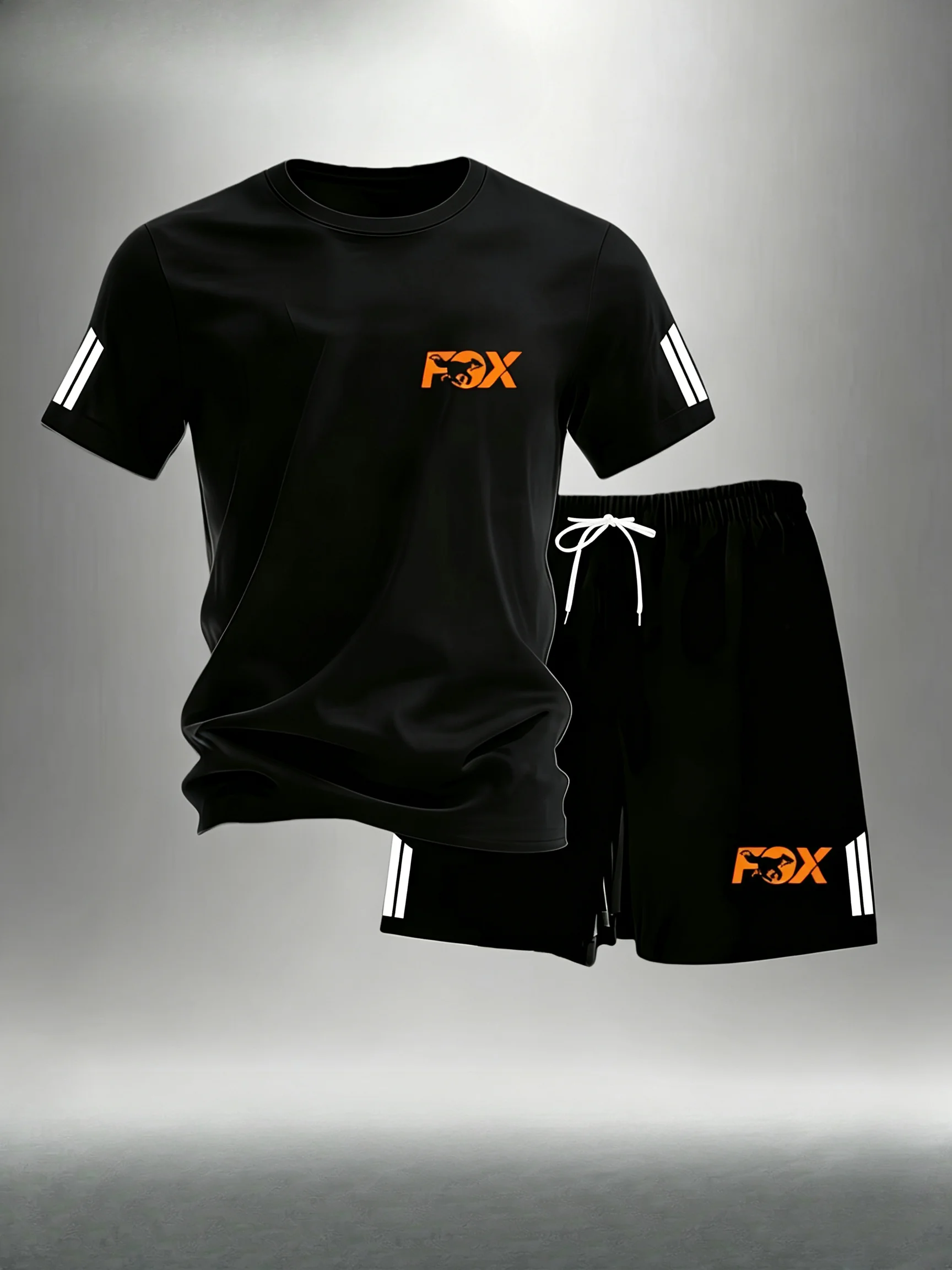 2026 Summer Men FOX Print 2Pcs Sports Suit Short Sleeve Tee + Shorts Casual Fitness Running Training Tracksuit Outfit