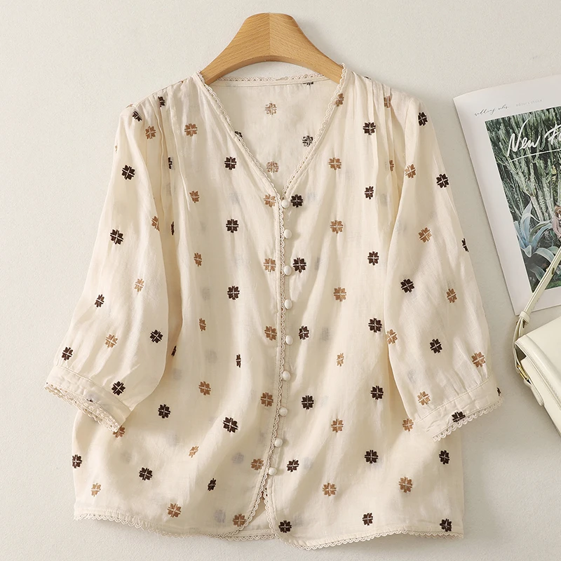 

Women's plus Size Cotton Linen V-Neck Patchwork Shirt Spring Summer New Style Loose Fit Breathable Short Sleeve Outerwear