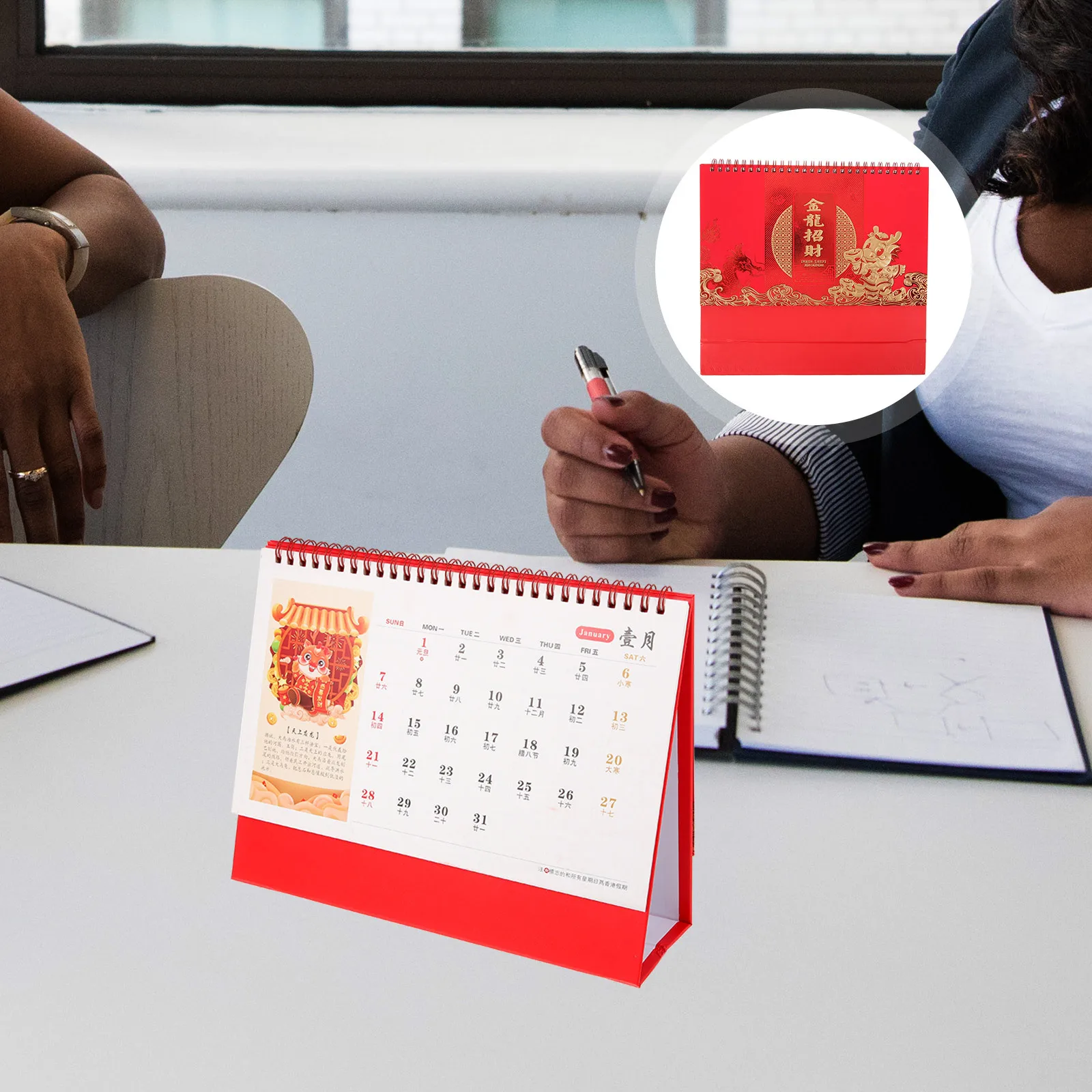 

2024 Desktop Calendar Chinese Style Freestanding Desk Calendar with Monthly Planner for Office Home Use Decorative Holiday