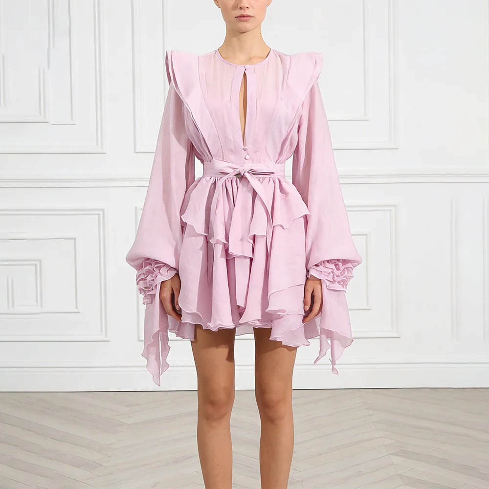 Sexy Patchwork Hollow Out Puff Dress for Women Round Neck Lantern Sleeve High Waist Spliced Lace Up Solid Dresses Female New