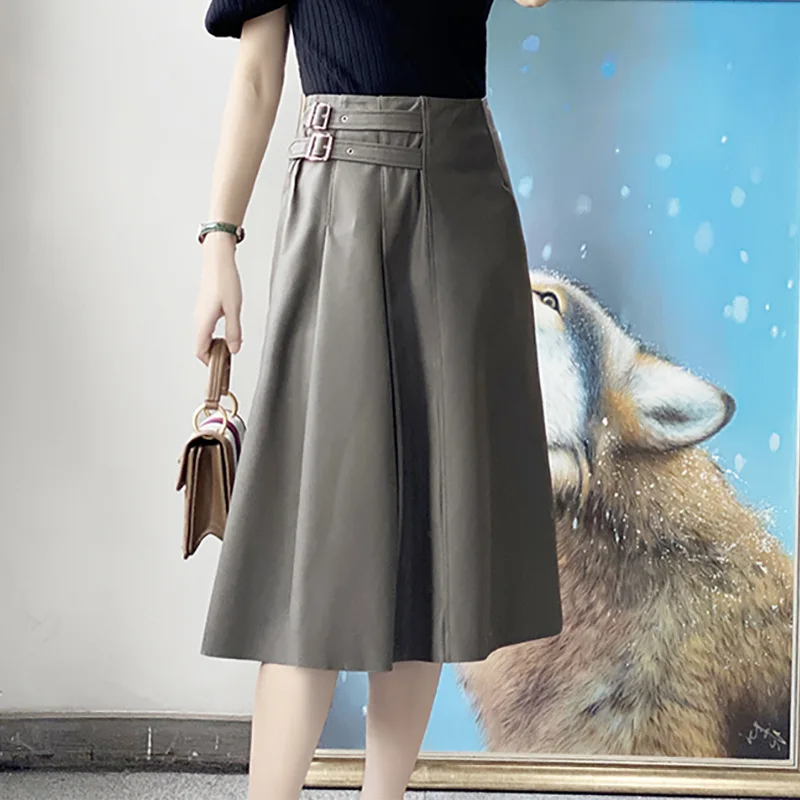 

2023 Genuine Leather Skirt, Autumn and Winter New Street Motorcycle Style, Pleated and Slimming A-line Sheepskin Skirt Long Dres