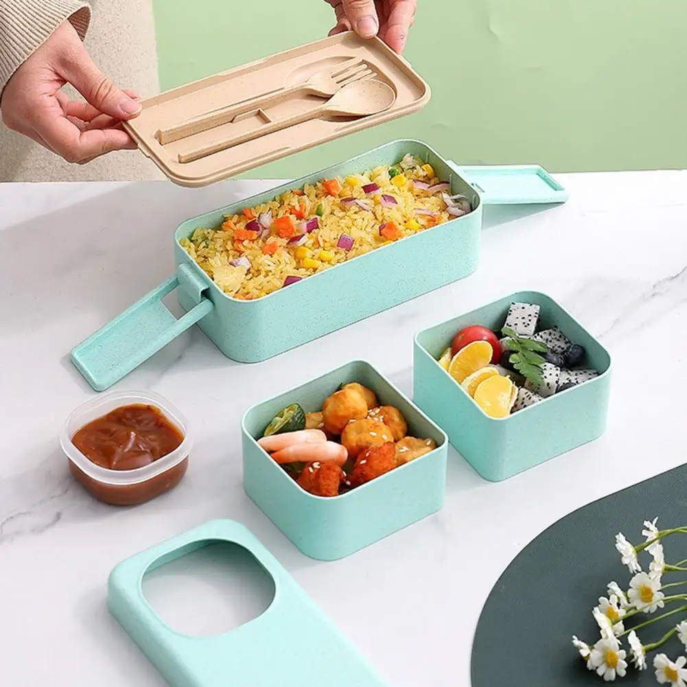 Leak-proof Bento Lunch Box with 3 Compartments Double Layer Lunch Box Buckle Closure Microwave Safe Stackable Salad Box for Home