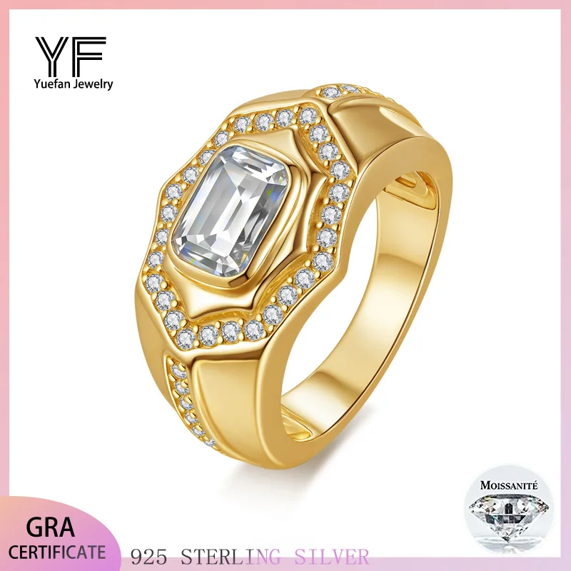 

S925 silver 2-carat emerald Chermosan men's ring plated with 18K gold D VS1 certified HipHop style jewelry personalized ring