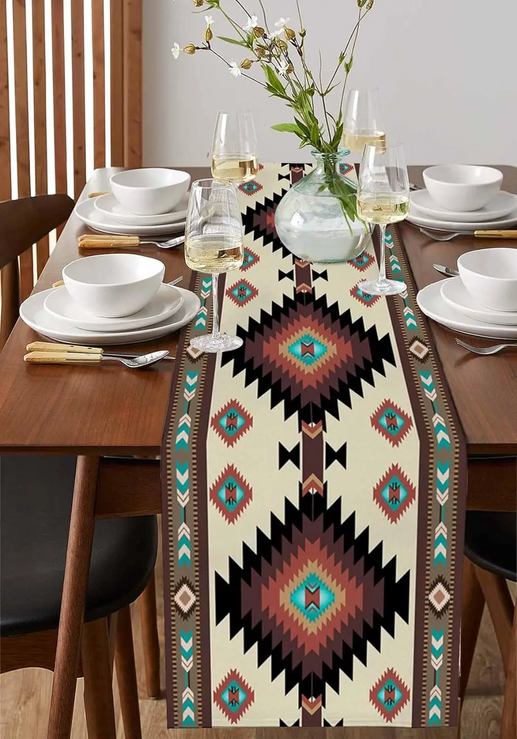 Brown Teal Southwest Linen Table Runner Western Geometric Abstract Ethnic Dresser Scarf Table Decor Home Dining Party Decoration