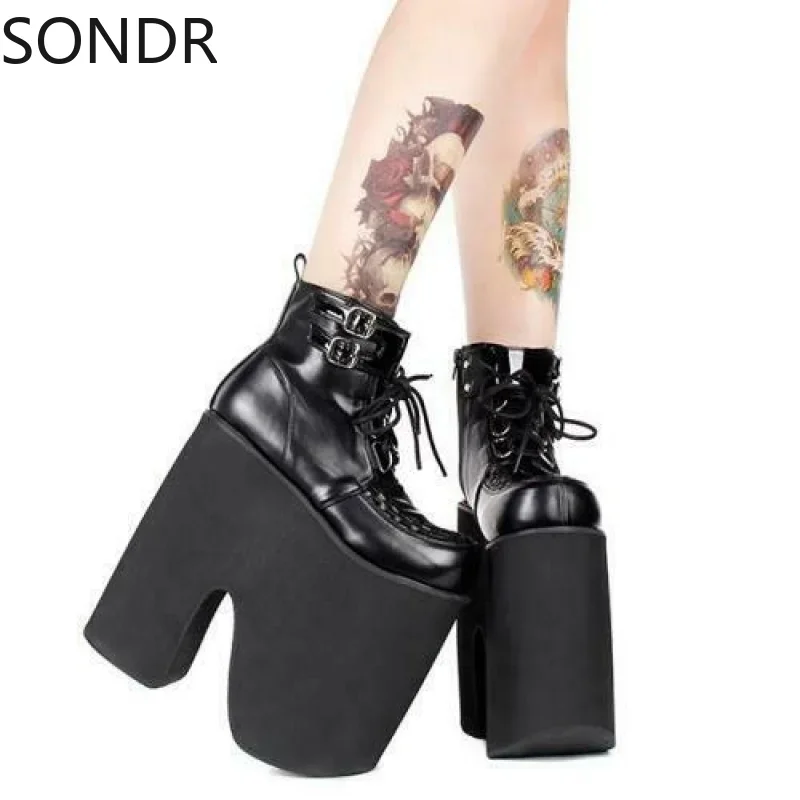 Women Lolita Punk Gothic Chunky 20cm High Heels Lace Up Ankle Boots Cosplay Shoes Creepers Japanese Harajuku Plus Size New 2024