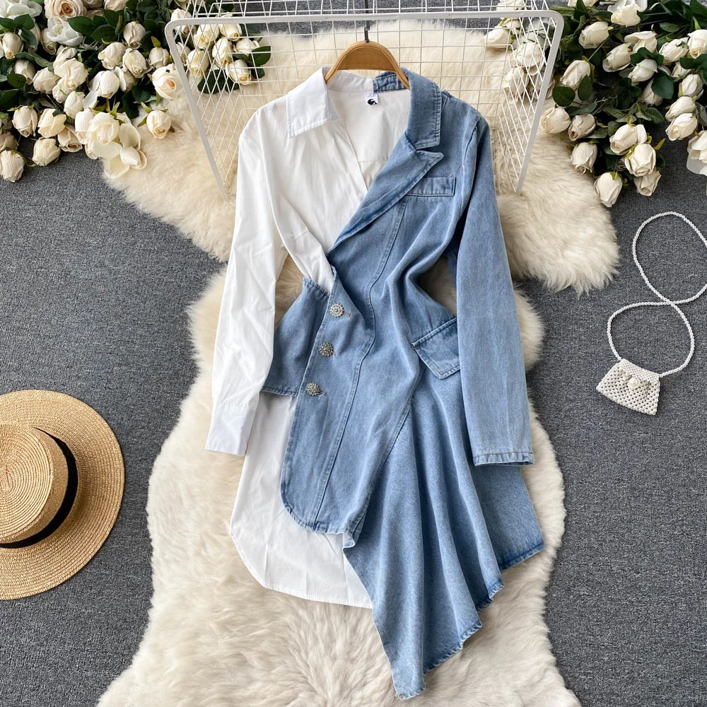 Spring Autumn  Long Sleeve Denim Shirt Dress Women's Design Sense Sequin Street Style High Waist A-Line Skirt Button Detail