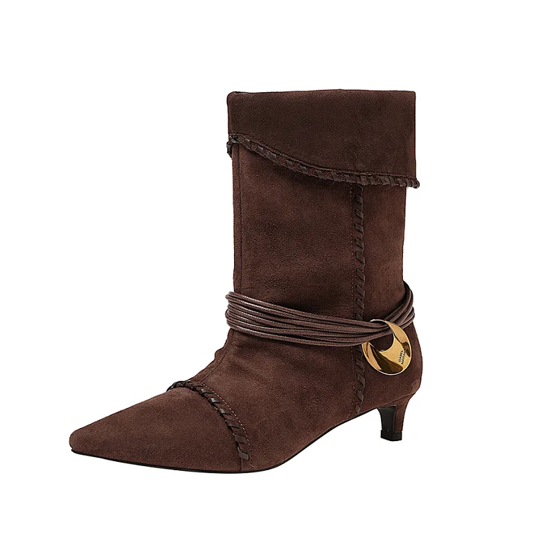 

Women Western Boots New Trendy Kitten Heel Elegant Shoes Genuine Leather Ankle Boots Cowgirl Cowsuede Boots Pointed Toe Footwear