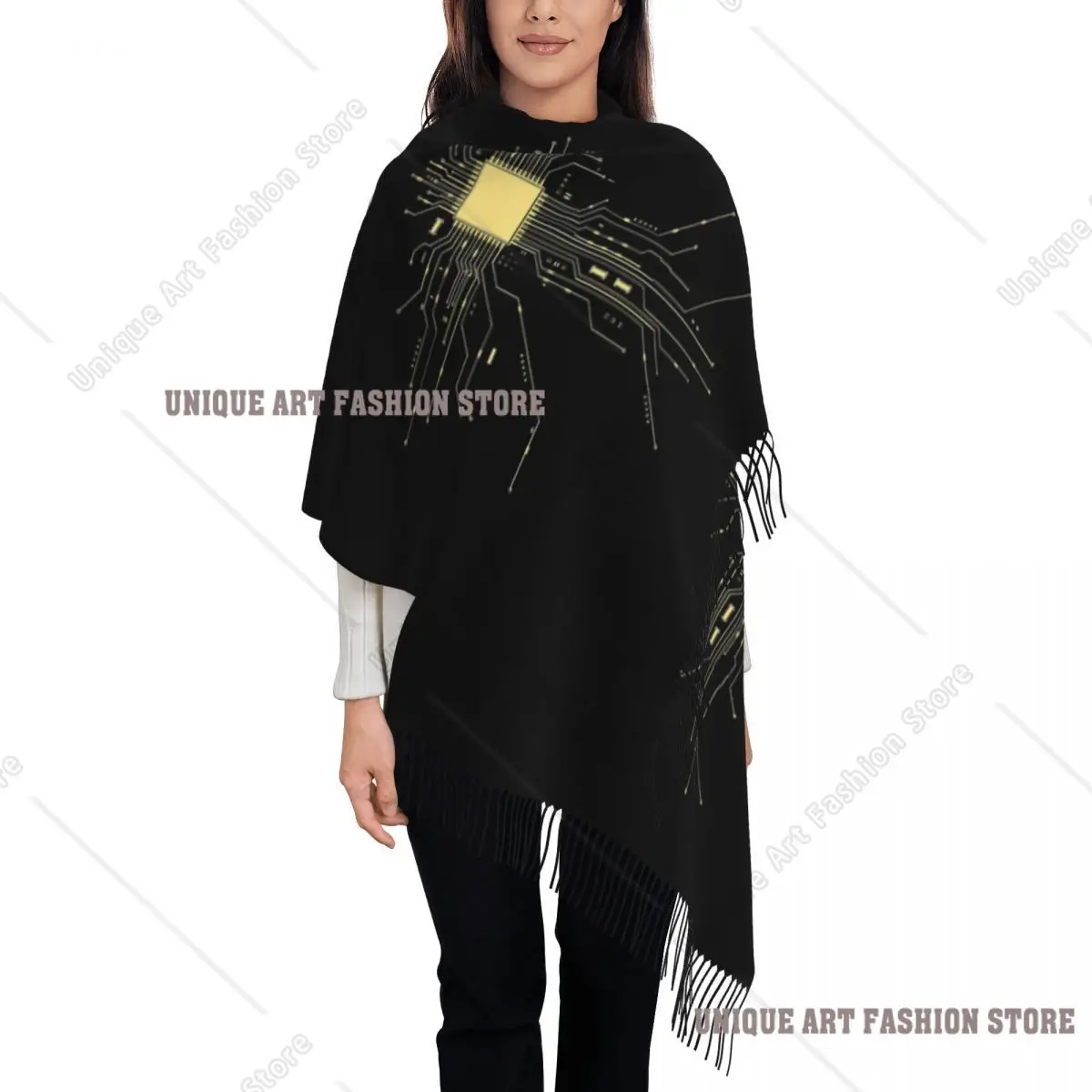 تكنولوجيا وحدة المعالجة المركزية المخصصة الطالب الذي يذاكر كثيرا رقاقة الكمبيوتر مبرمج لوحة دوائر كهربائية وشاح التفاف للنساء شتاء دافئ شرابة شال للجنسين الأوشحة