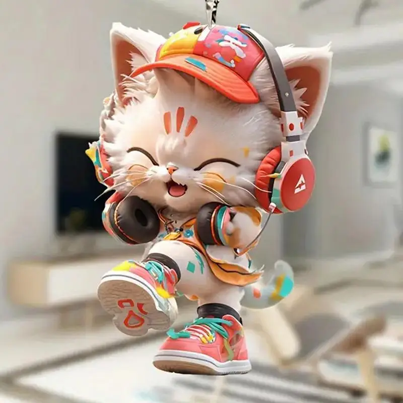 Cat Car Pendant Car Kitten Wearing Headphone Rearview Mirror Accessories Cute 2D Acrylic Animal Pendants For Christmas Tree Car