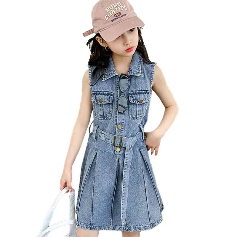 

Children Sleeveless Denim Dress With Belt for Girls Slim Fitted New Spring Summer Clothing Teenage Kids Fashion Dress Age 5-14 Y