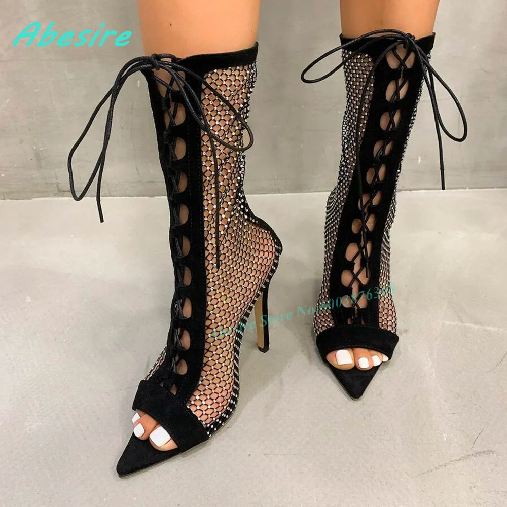Black Fishnet Rhinestone Mesh Sandal Boots Peep Toe Hollow Out Lace-Up Stiletto Heels Women's Sandals Elegant Gladiator Shoes