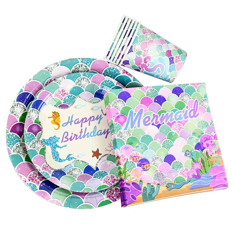 10Pcs Mermaid Theme Disposable Tableware Paper Plate Cup Napkin Girl Happy Birthday Party Decorations Kids Gift