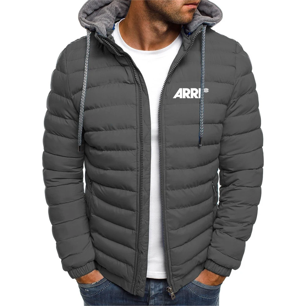 2024 ARRI Camera Men\'s New Winter Solid Color Cotton Jacket Hooded Coat Print Long Sleeves Zip-Up Outer Wear Top Clothing