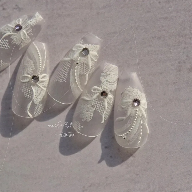 1 pz 5D diamante giapponese pizzo bianco arco adesivi per nail art perla strass decorazione per unghie decalcomanie adesive cursore accessorio fai da te