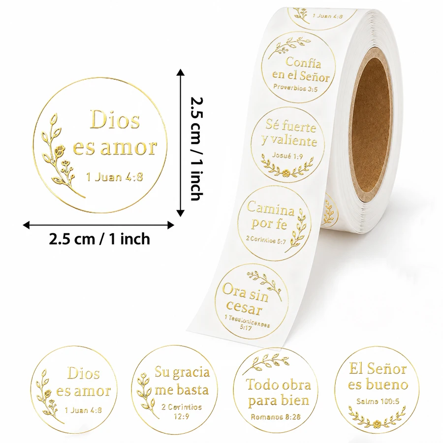 500 Pcs Spanish Bible Verse Stickers Roll, Foil Golden Christian Faith Round Labels, Self Adhesive Scripture Stickers