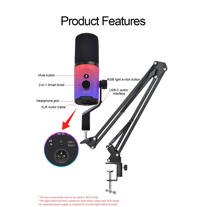 【Горячие товары】Двухрежимный динамический микрофон XLR/USB для прямой трансляции, запись подкастинга, игровые функции наушников RGB